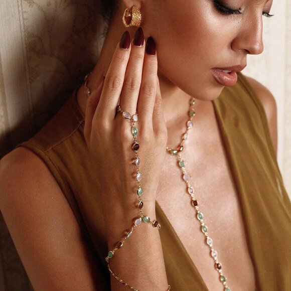 Multicolor Casual Women's Gold-Plated Gem Beaded Finger Chain bracelet - Picture 3 of 9